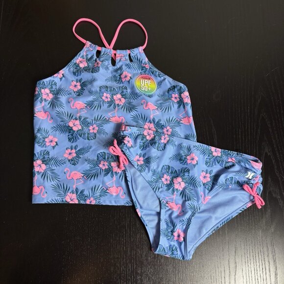 NWT HURLEY Girls Kids Size 14 Blue/Pink Flamingo Print Tankini Swimsuit Set - Picture 1 of 6